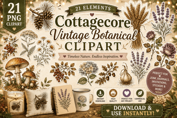 Download Cottagecore Vintage Botanical Clipart - Eco Collection