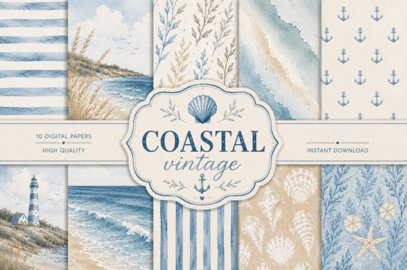 Download Coastal Vintage Digital Papers Bundle - Digital Collection